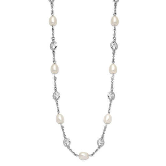 Cheryl M Sterling Silver Rhodium-plated Freshwater Cultured Pearl and Brilliant-cut CZ Bezel Station 36 Inch Necklace