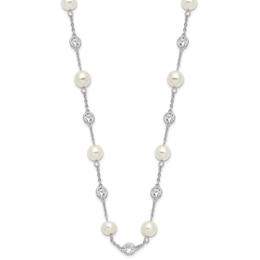 Cheryl M Sterling Silver Rhodium-plated Glass Pearl and Brilliant-cut CZ Bezel Station 36 Inch Necklace