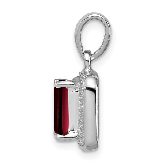 Sterling Silver Rhodium Emerald-cut Garnet & Diamond Pendant