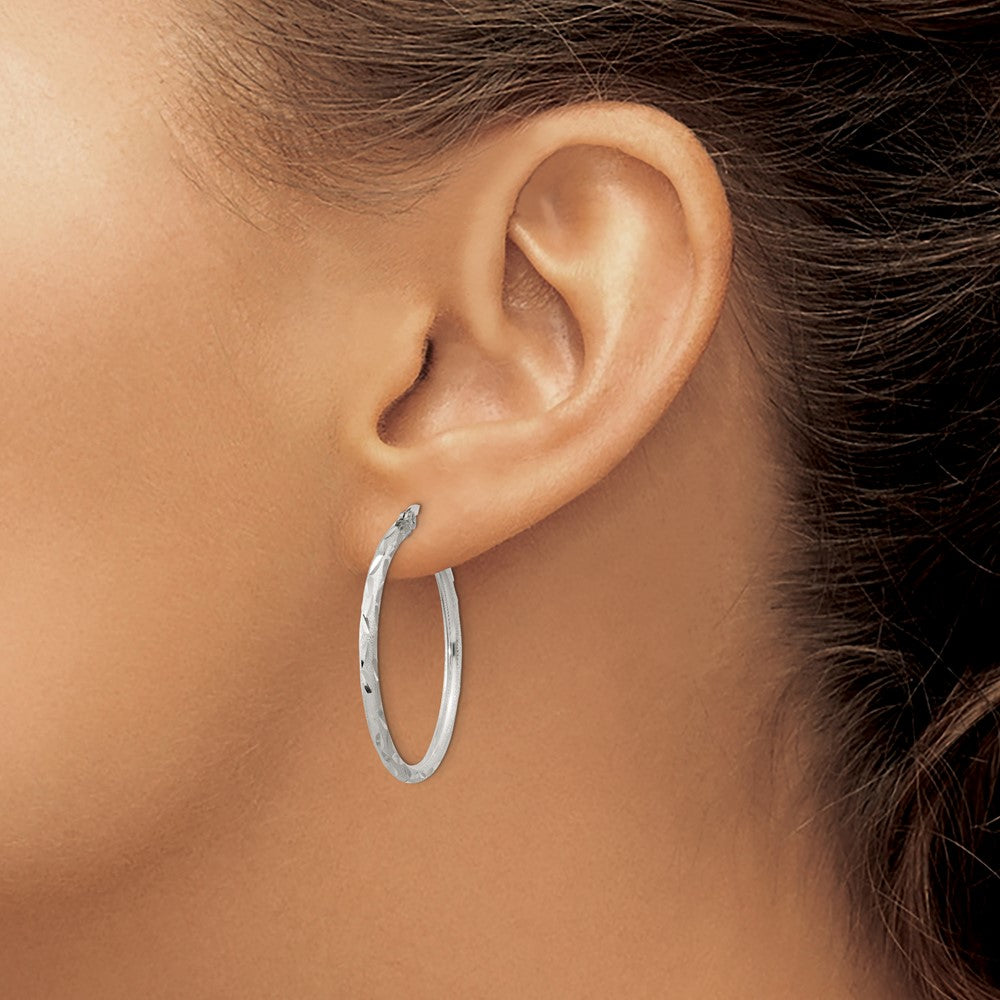 Sterling Silver Satin Diamond-cut 2x31mm Hoop Earrings
