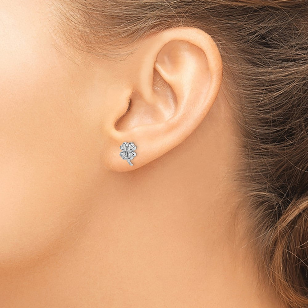 Sterling Silver Rhodium-plated Polished CZ 4 Leaf Clover Post Earrings