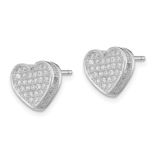 Sterling Silver Rhodium-plated CZ Micro pav Heart Post Earrings