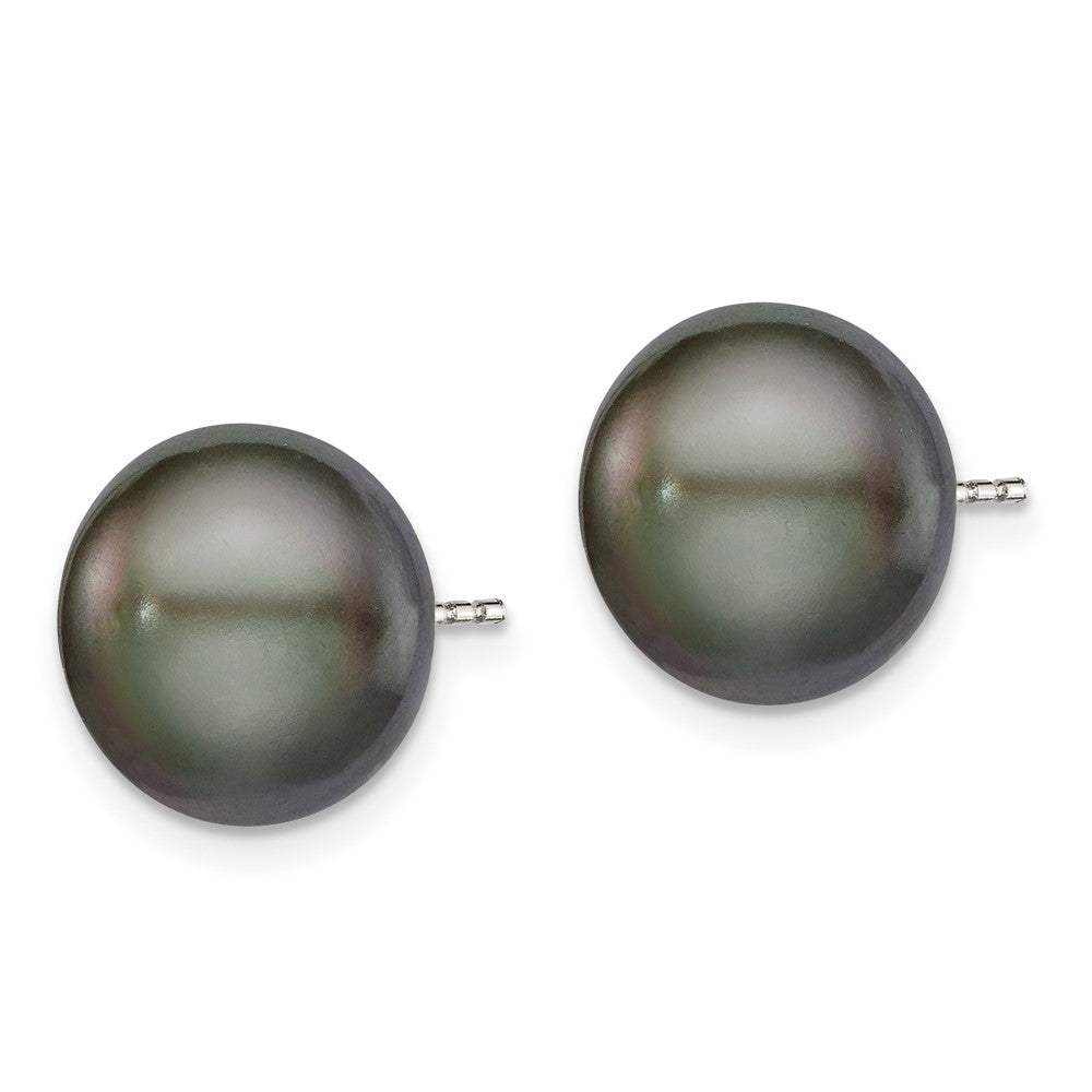 Sterling Silver Rhodium-plated 11-12mm Black Button Freshwater Cultured Pearl Post Earrings