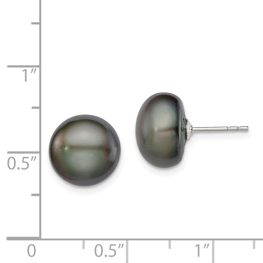 Sterling Silver Rhodium-plated 11-12mm Black Button Freshwater Cultured Pearl Post Earrings