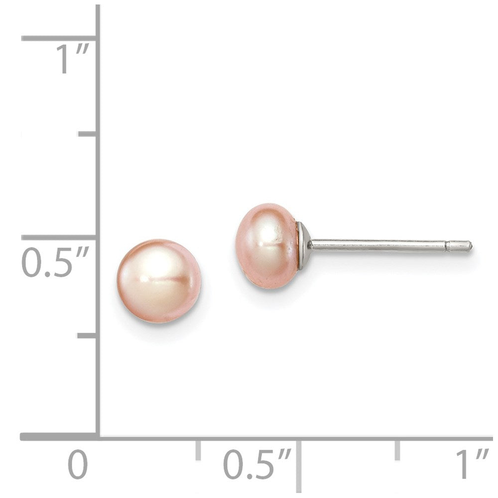 Sterling Silver Rhodium-plated 5-6mm Pink Button Freshwater Cultured Pearl Post Earrings