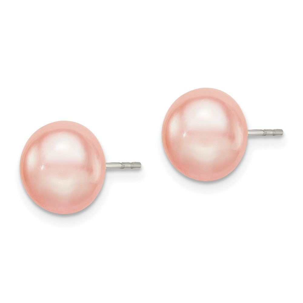 Sterling Silver Rhodium-plated 9-10mm Pink Button Freshwater Cultured Pearl Post Earrings