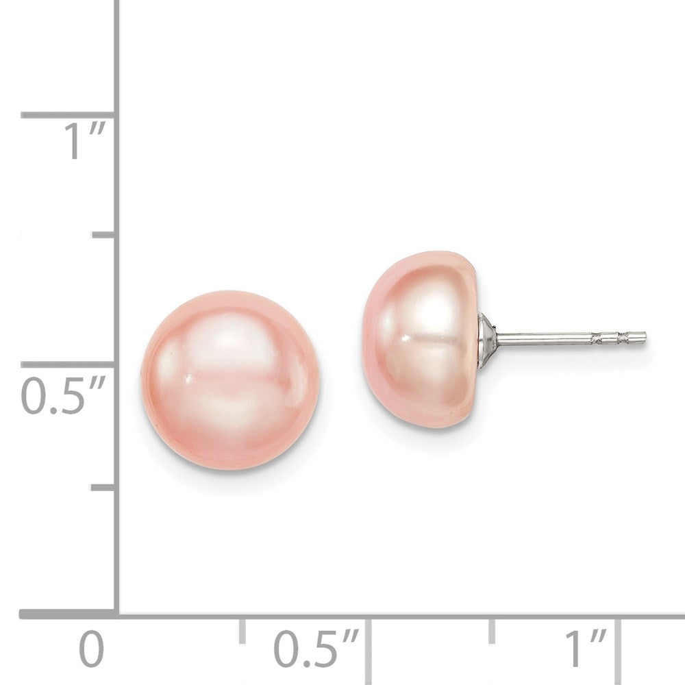 Sterling Silver Rhodium-plated 9-10mm Pink Button Freshwater Cultured Pearl Post Earrings