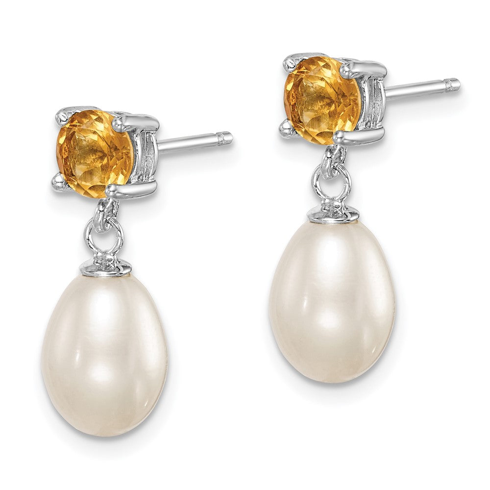 Sterling Silver Rhodium-plated 7-8mm White Teardrop Freshwater Cultured Pearl and .94CI Citrine Post Dangle Earrings