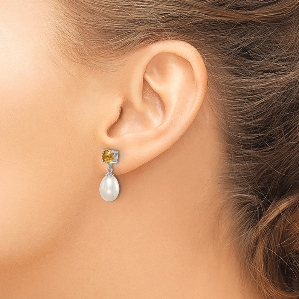 Sterling Silver Rhodium-plated 7-8mm White Teardrop Freshwater Cultured Pearl and .94CI Citrine Post Dangle Earrings