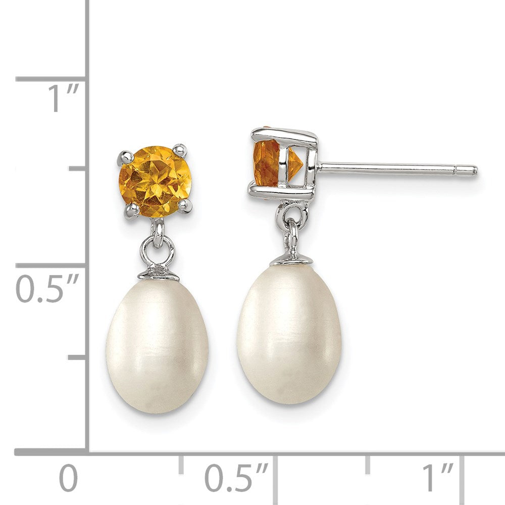 Sterling Silver Rhodium-plated 7-8mm White Teardrop Freshwater Cultured Pearl and .94CI Citrine Post Dangle Earrings