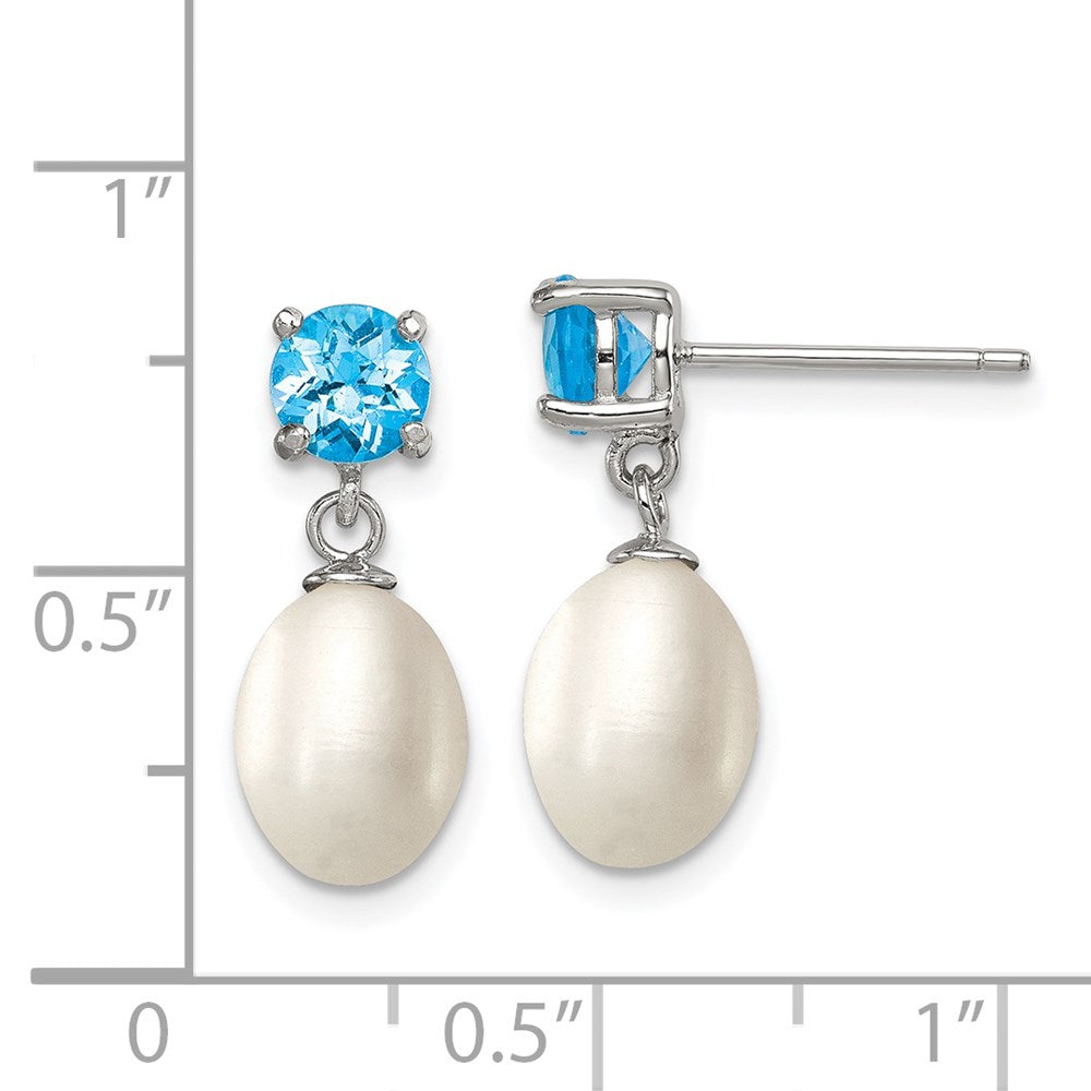 Sterling Silver Rhodium-plated 7-8mm White Teardrop Freshwater Cultured Pearl and 1.30BT Blue Topaz Post Dangle Earrings