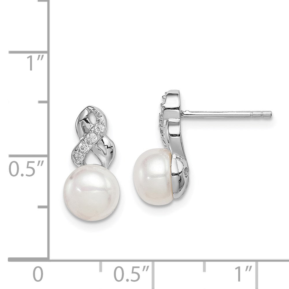 Sterling Silver Rhodium-plated 6-7mm White Button Freshwater Cultured Pearl and CZ Post Earrings