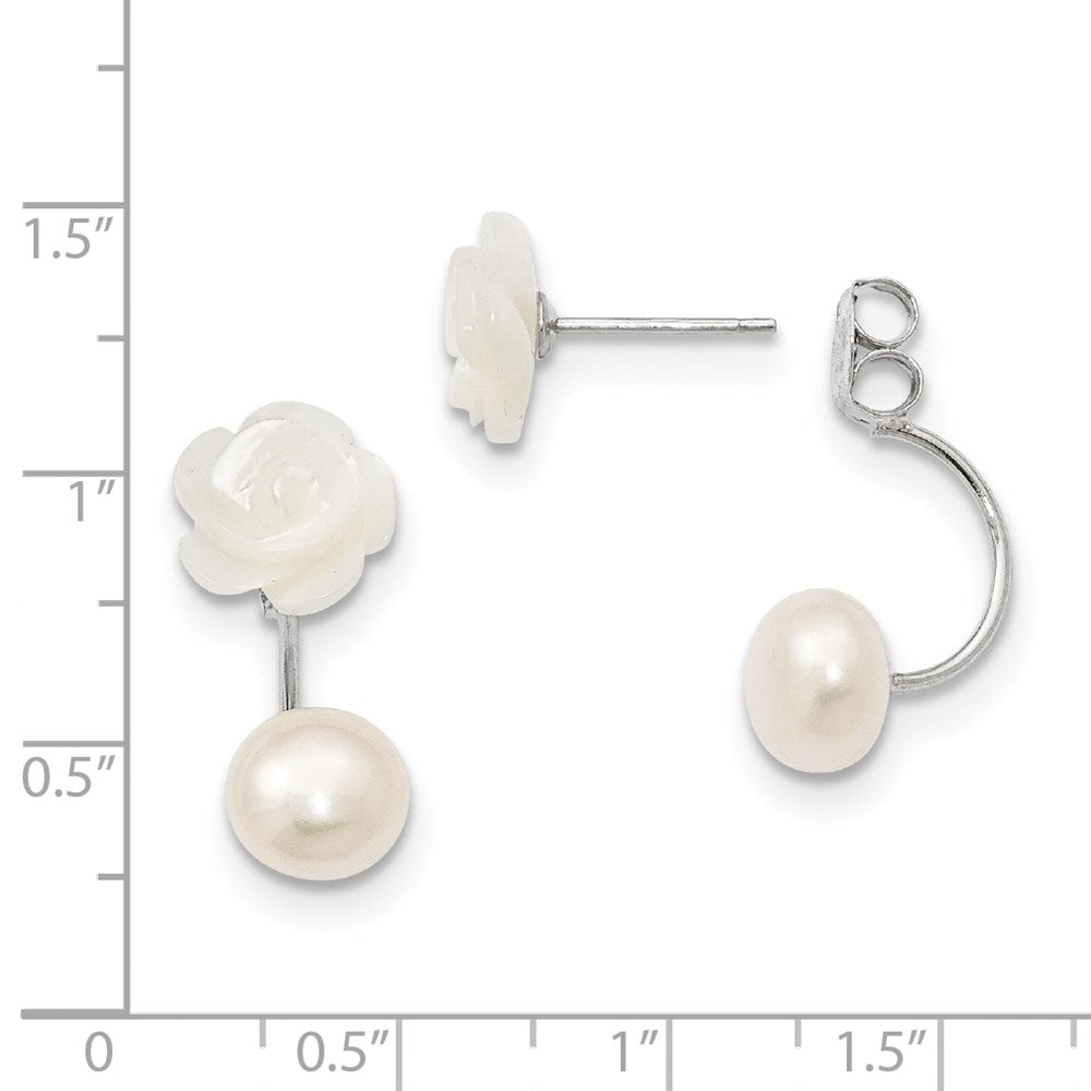 Sterling Silver Rhodium-plated 8-9mm White Button Freshwater Cultured Pearl and Mother Flower Front and Back Post Earrings