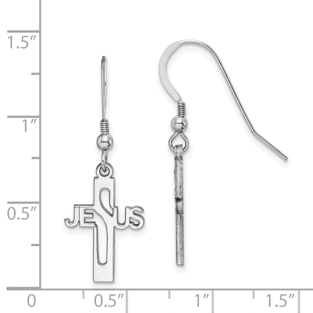 Sterling Silver Rhodium-plated Polished JESUS Cross Dangle Earrings