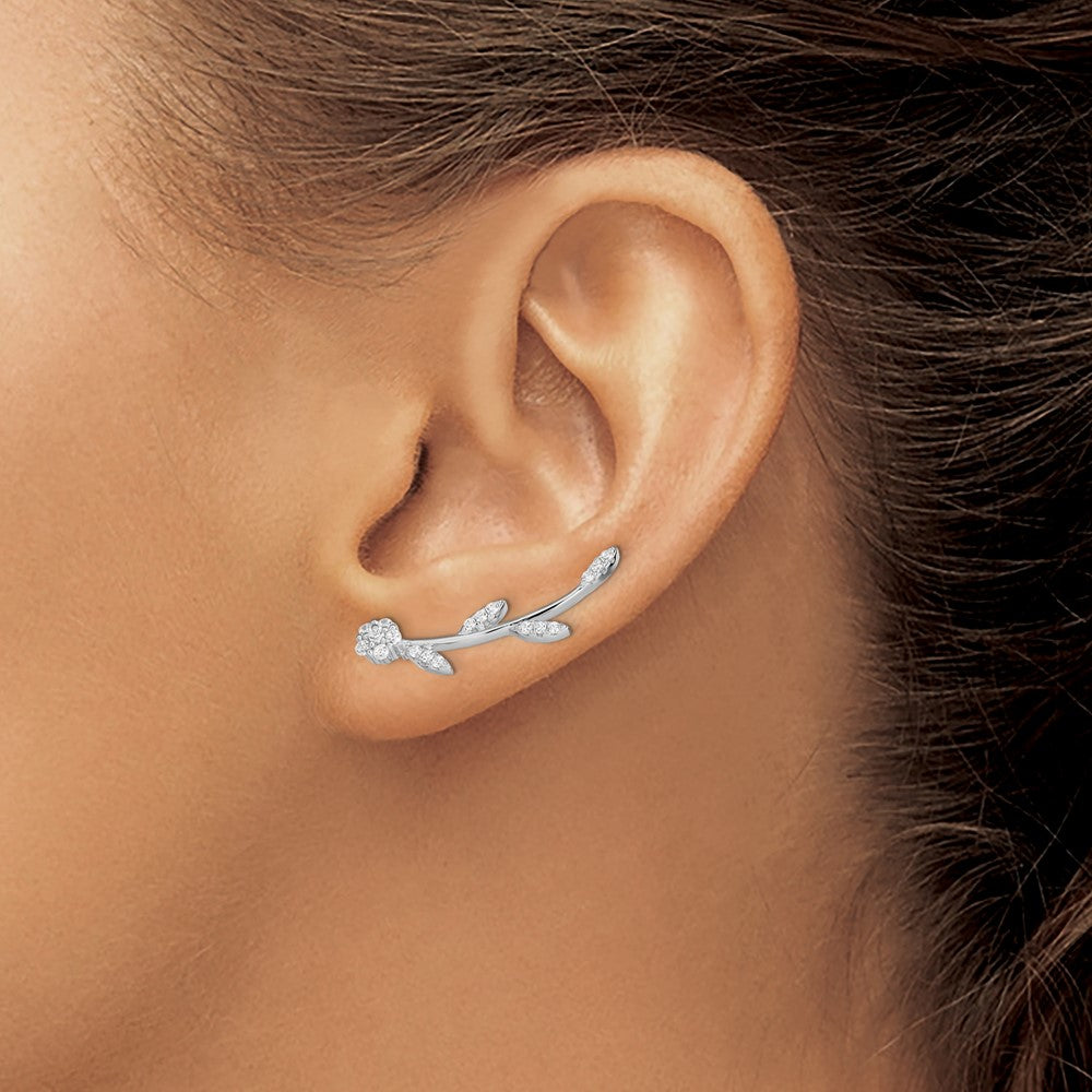 Sterling Silver Rhodium-plated Polished CZ Flower w/Stem Ear Climber Earrin