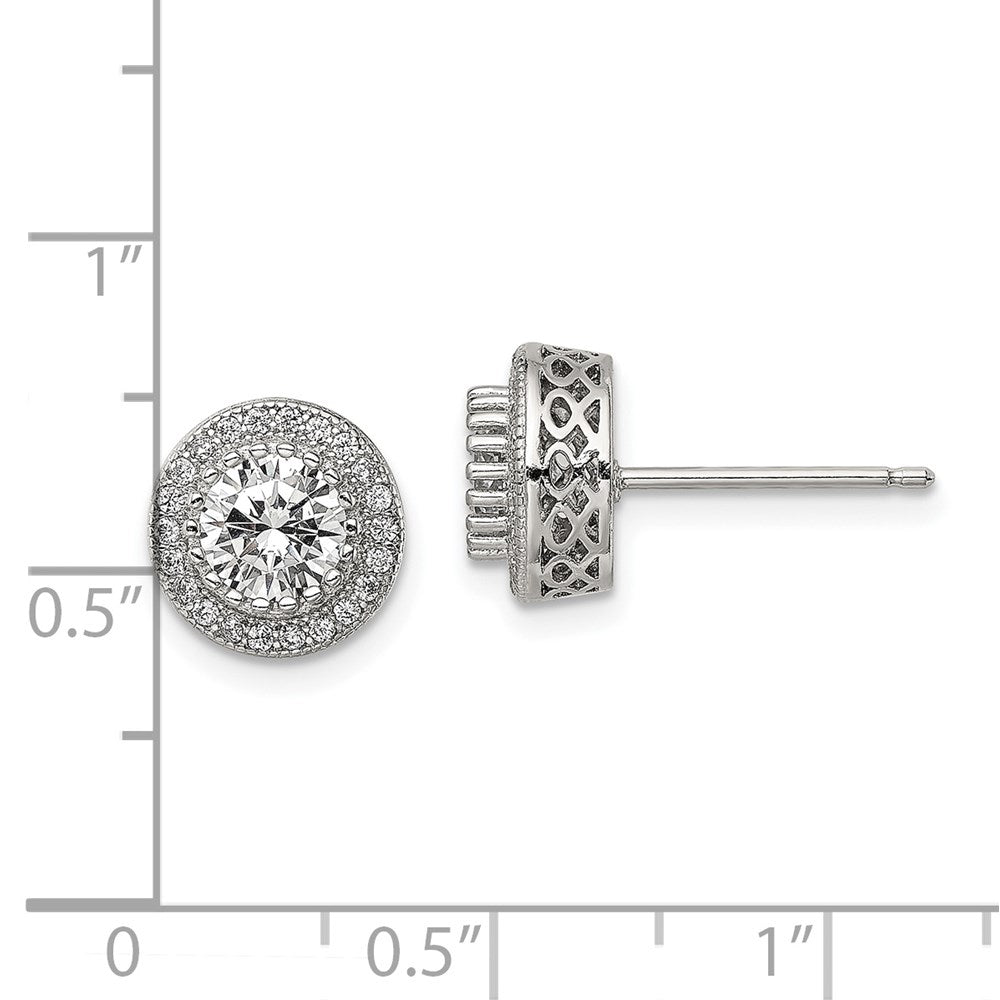 Sterling Silver Rhod-plated Polished Pav CZ Halo Round Post Earrings