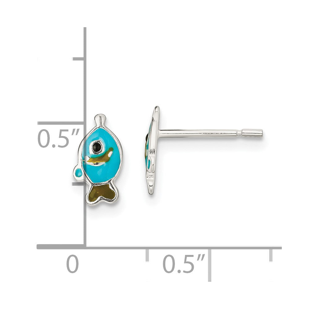 Sterling Silver Polished Enameled Fish Post Earrings