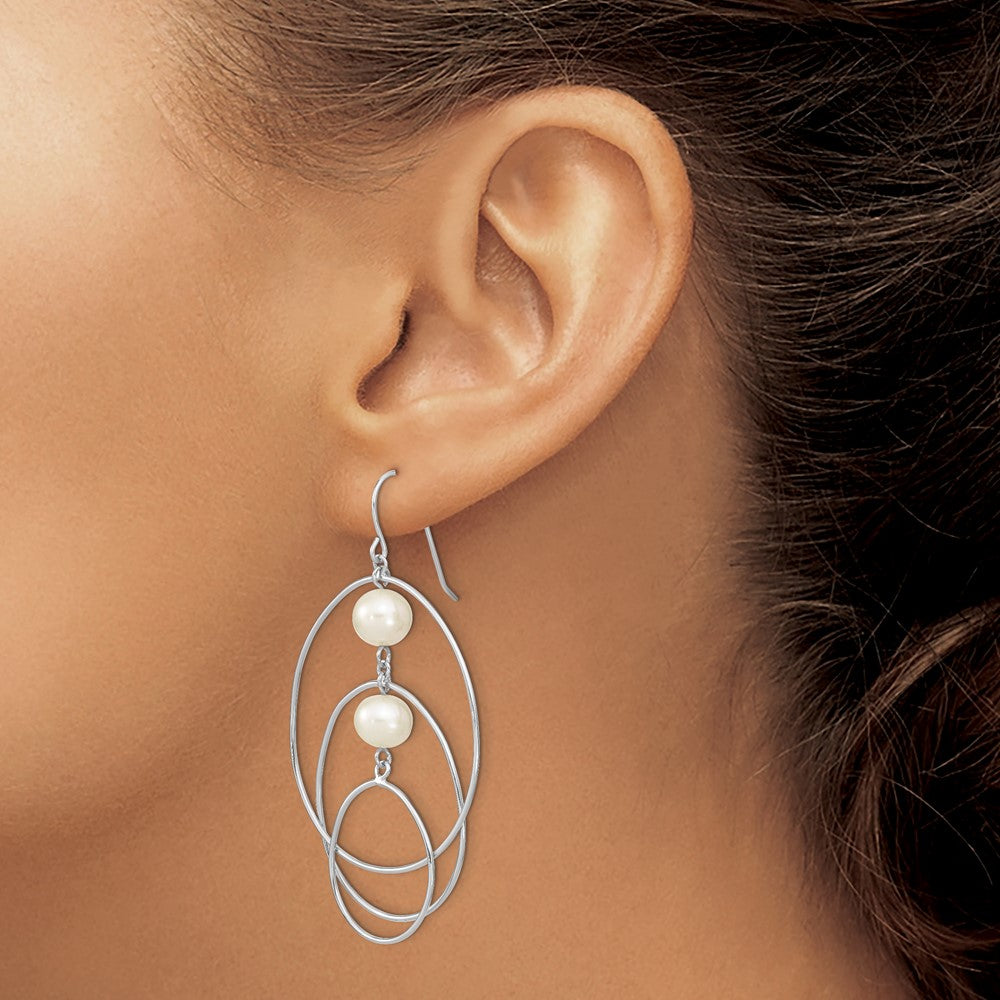 Sterling Silver Rhodium-plated 8-9mm White Semi-Round Freshwater Cultured Pearl Circles Dangle Earrings