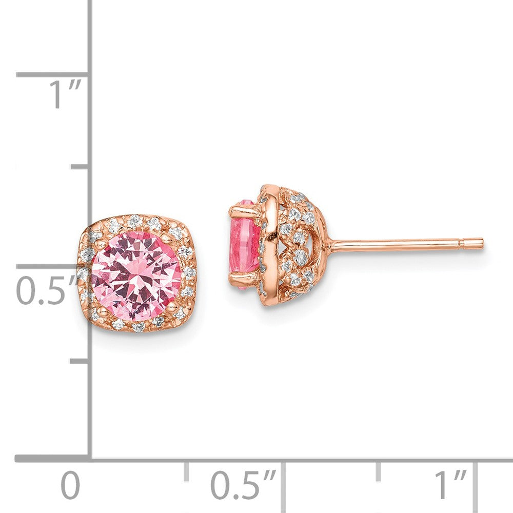 Sterling Silver Rose-tone Square Pink Crystal Center and CZ Post Earrings