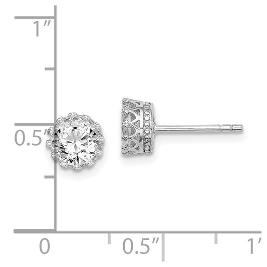 Sterling Silver RH-plated Polished & Textured 6mm Round CZ Stud Earrings