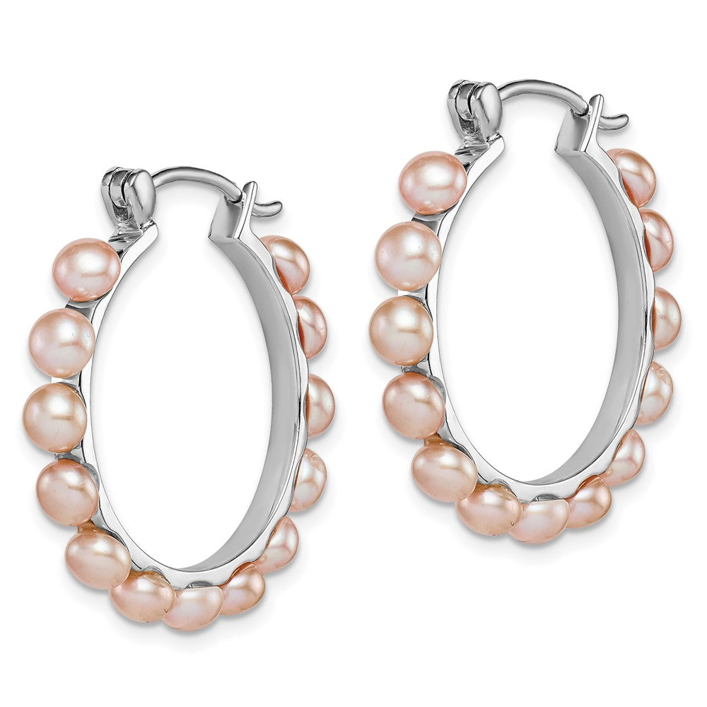 Sterling Silver Rhodium-plated 4-5mm Pink Button Freshwater Cultured Pearl Hoop Earrings