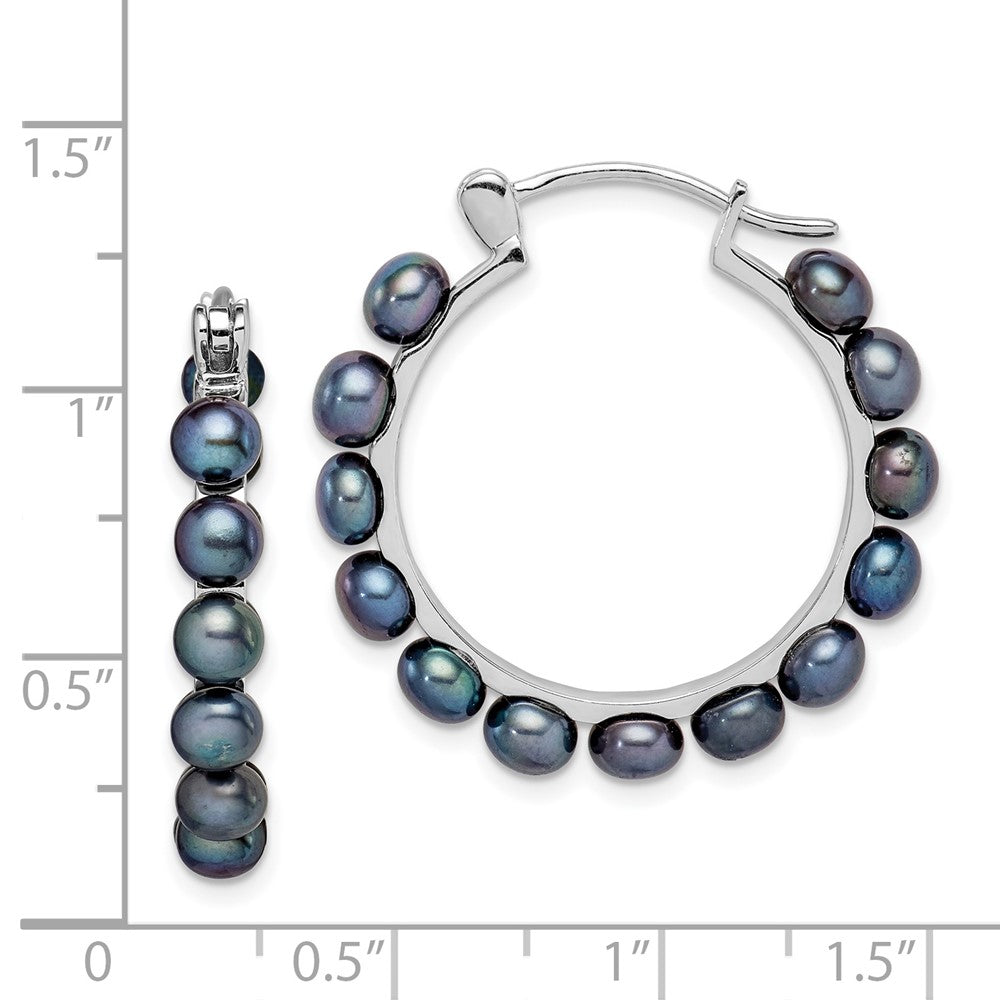 Sterling Silver Rhodium-plated 4-5mm Black Button Freshwater Cultured Pearl Hoop Earrings