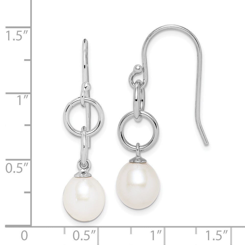 Sterling Silver Rhodium-plated 7-8mm White Teardrop Freshwater Cultured Pearl Circle Dangle Earrings