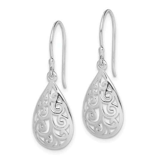 Sterling Silver Rhodium-plated Polished Filigree Teardrop Dangle Earrings