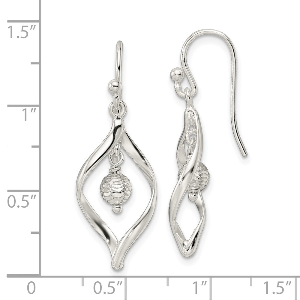 Sterling Silver Polished & Diamond-cut Twist w/Ball Center Dangle Earrings