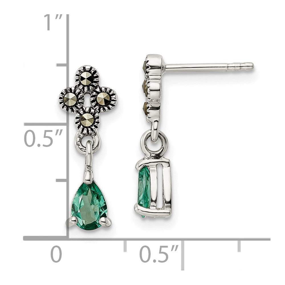 Sterling Silver Antiqued Marcasite & Cr. Green Quartz Post Dangle Earrings