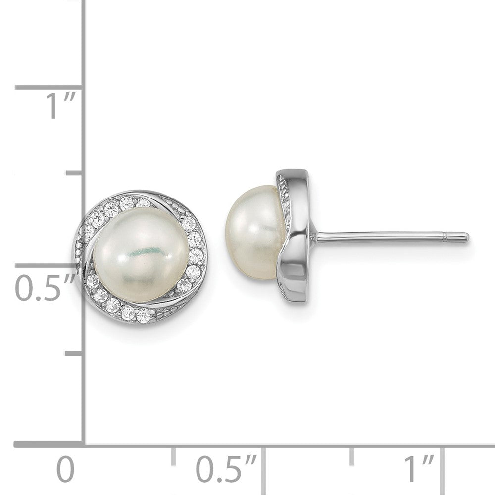 Sterling Silver Rhodium-plated 6-7mm White Button Freshwater Cultured Pearl and CZ Post Earrings