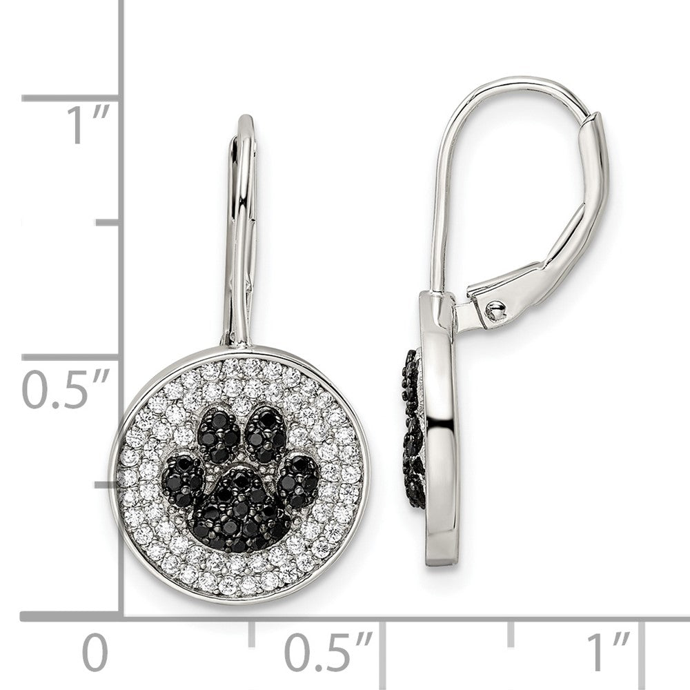 Sterling Silver Rhodium-plated Polished CZ Paw Print Leverback Earrings