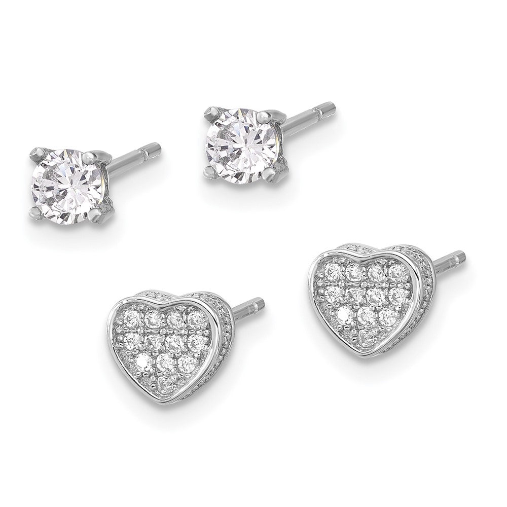 Sterling Silver RH-plated Pav CZ Heart/4mm CZ Stud Post Earrings Set