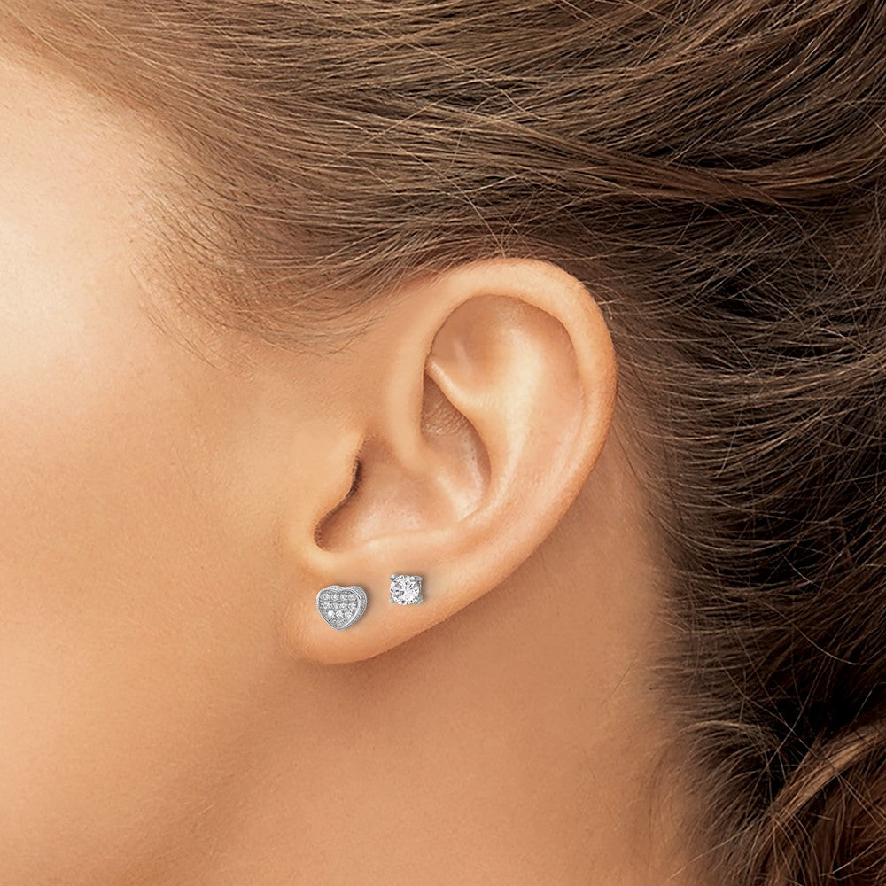 Sterling Silver RH-plated Pav CZ Heart/4mm CZ Stud Post Earrings Set