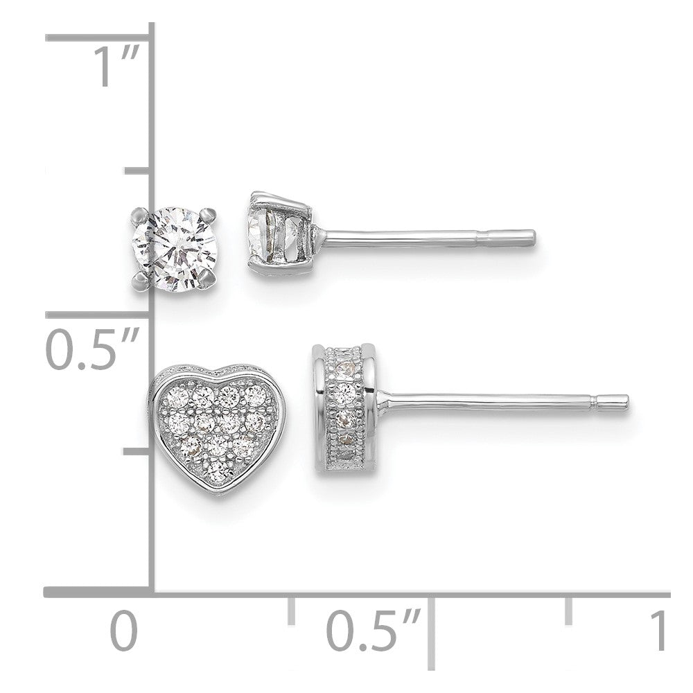 Sterling Silver RH-plated Pav CZ Heart/4mm CZ Stud Post Earrings Set