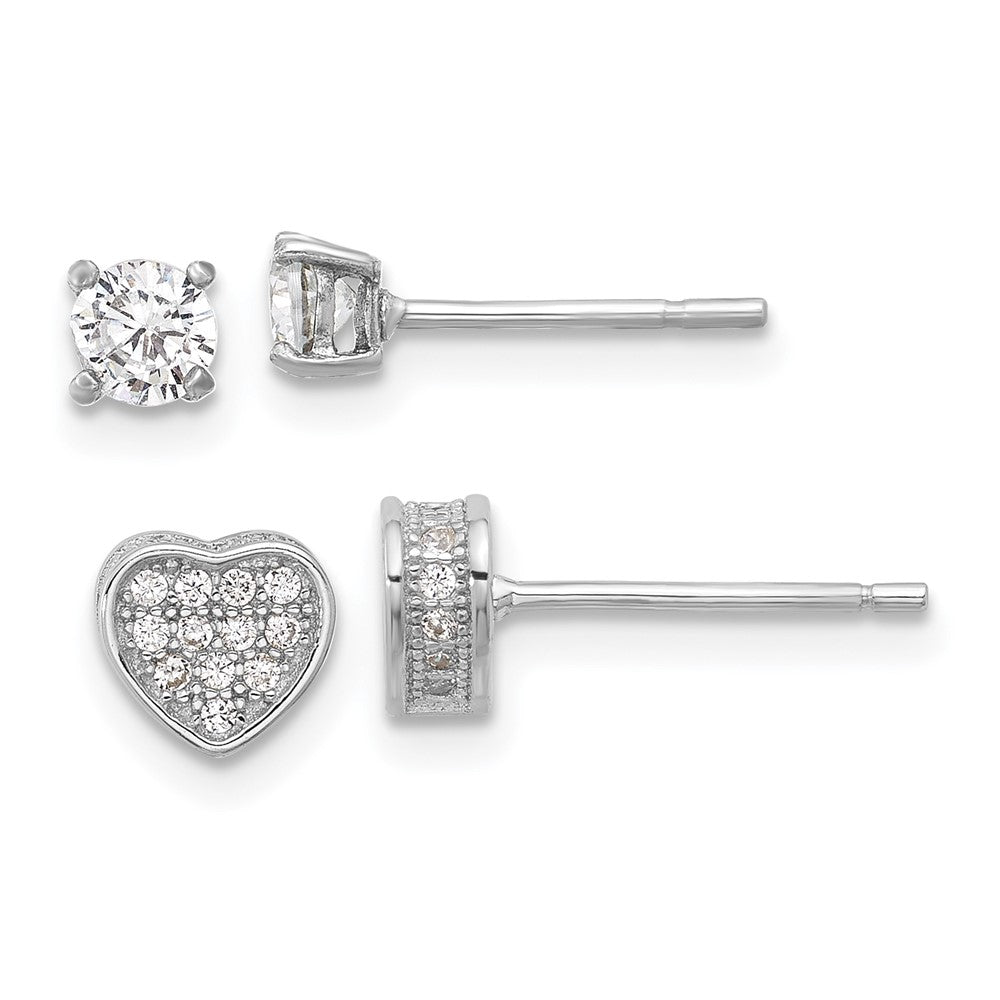 Sterling Silver RH-plated Pav CZ Heart/4mm CZ Stud Post Earrings Set