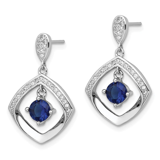 Sterling Silver RH-pltd Blue Glass and Clear CZ Fancy Square Post Earrings