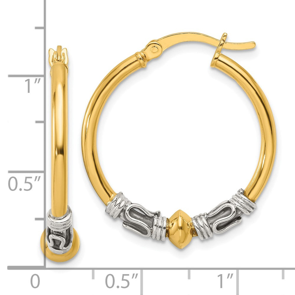 Sterling Silver Gold-tone Polished Antiqued Beaded Hoop Earrings