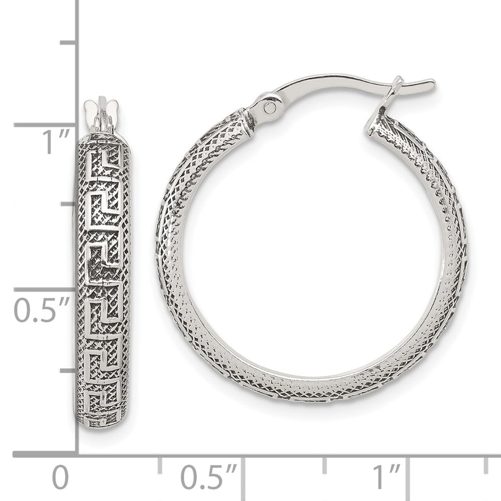 Sterling Silver Antiqued/Textured Greek Key LG Round Hoop Earrings