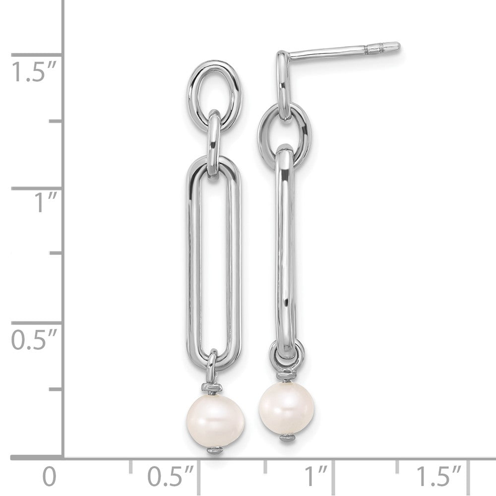 Sterling Silver Rhodium-plated Link with Freshwater Cultured Pearl Dangle Earrings