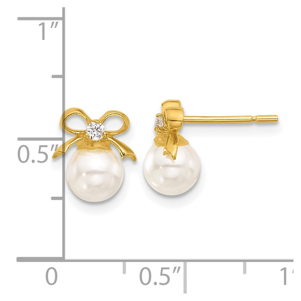 Sterling Silver Gold-tone Polished CZ and Synthetic Pearl Bow Post Earrings