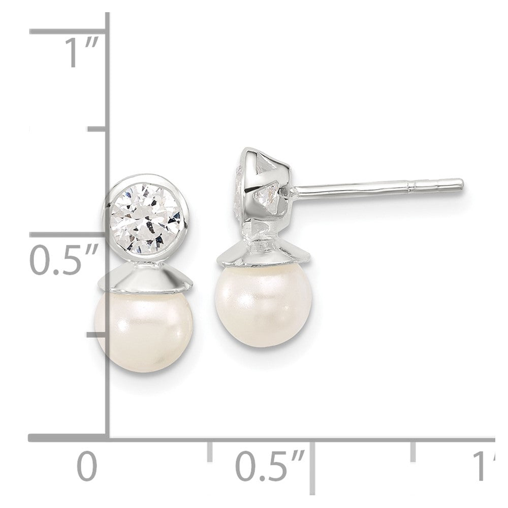 Sterling Silver Polished CZ and 6-6.5mm Glass Pearl Post Earrings