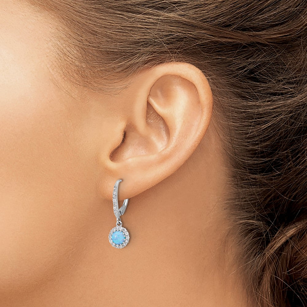Sterling Silver RH-plated CZ & Blue Cr. Opal Halo Dangle Leverback Earrings