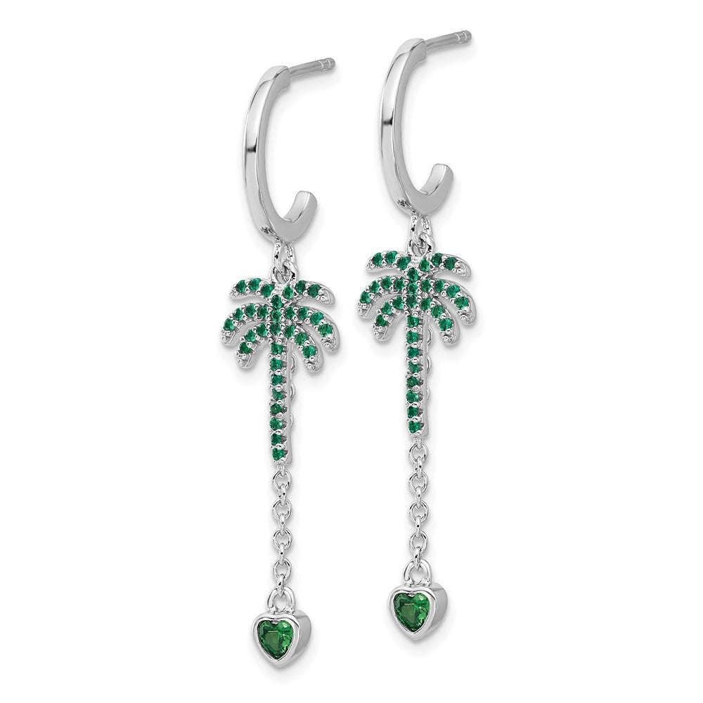 Pure Fire Sterling Silver Rhod-plated Green CZ Palm Tree Heart Post Hoop E