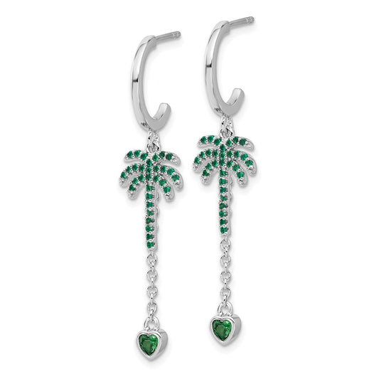 Pure Fire Sterling Silver Rhod-plated Green CZ Palm Tree Heart Post Hoop E