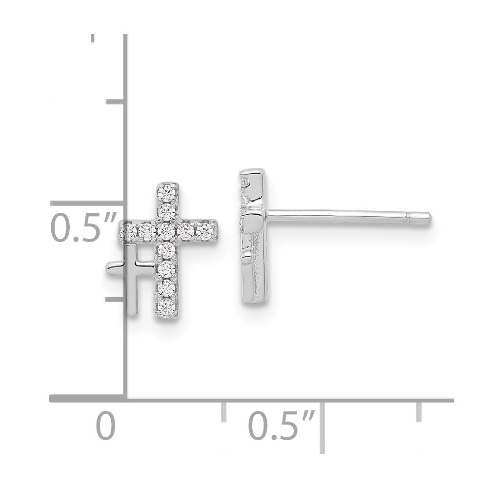 Sterling Silver Rhodium-plated Polished CZ Double Cross Post Earrings