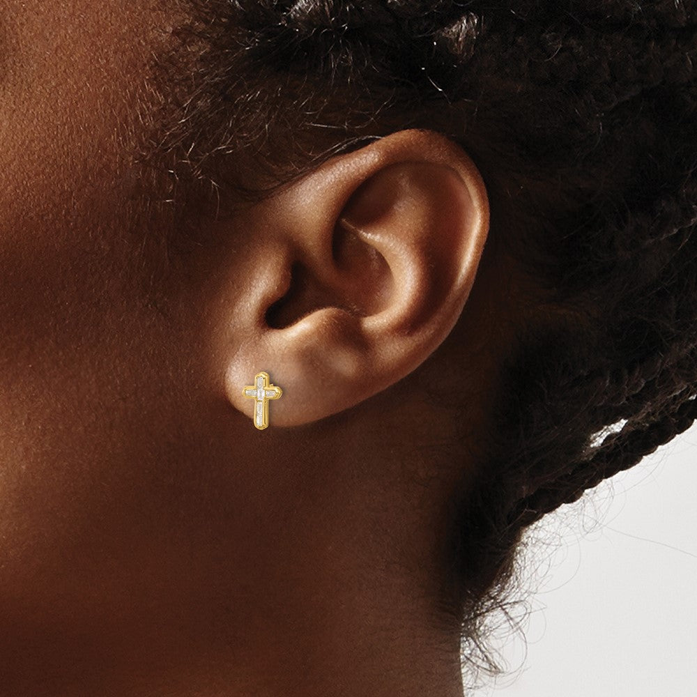 Affordable Expressions Sterling Silver Gold-tone Polished CZ Cross Post Earrings