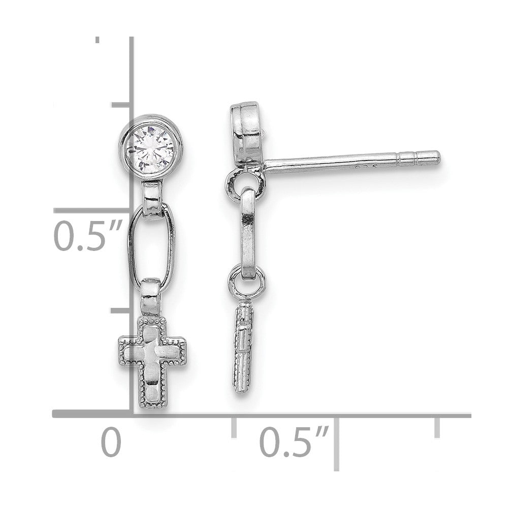 Sterling Silver RH-plated Polished & Textured CZ Cross Post Dangle Earrings