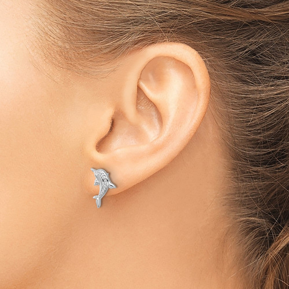 Sterling Silver Rhodium-plated Polished CZ Dolphin Post Earrings