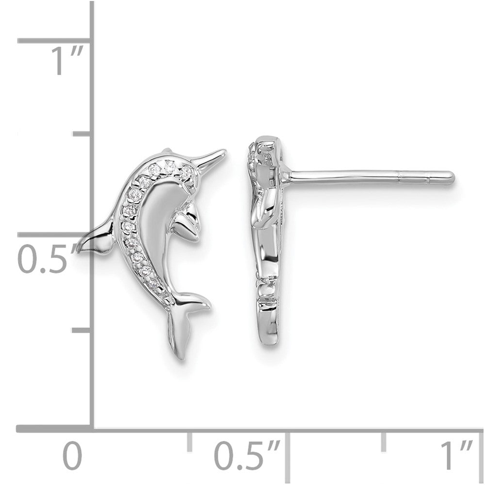 Sterling Silver Rhodium-plated Polished CZ Dolphin Post Earrings